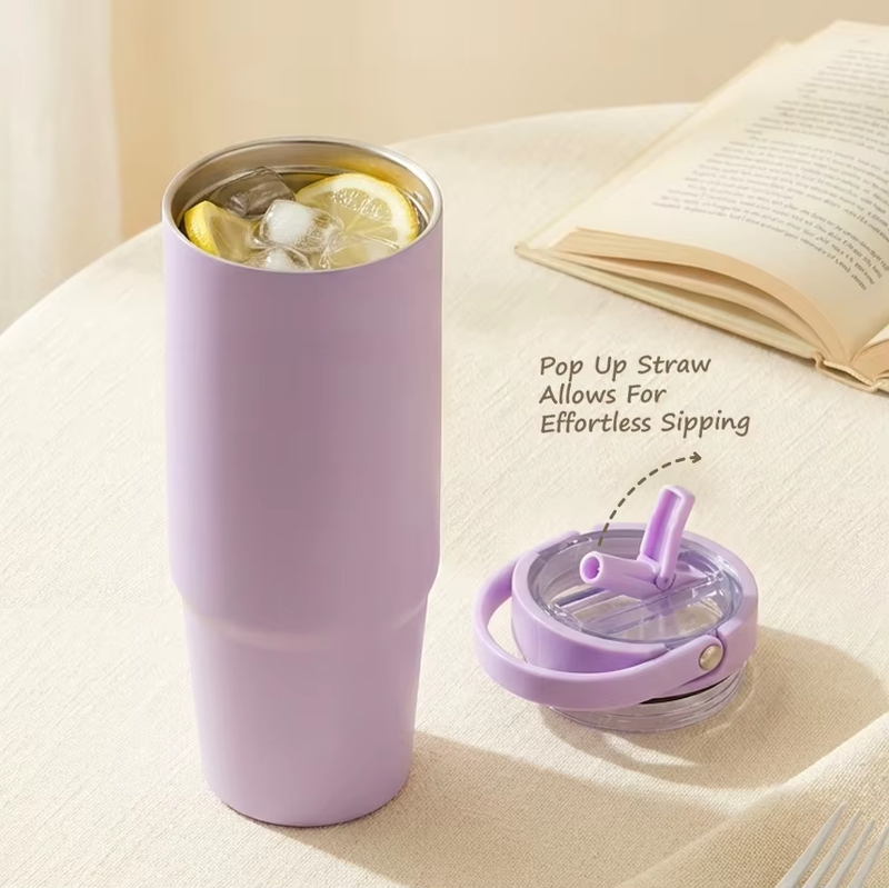 30oz Straw Travel Tumbler Cup Bpa Free Double Wall Vacuum Insulated With Handle For Outdoor Car detail