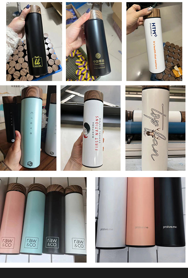 500ml Straight Insulated Vacuum Flask Wood Lid With Tea Infuser detail