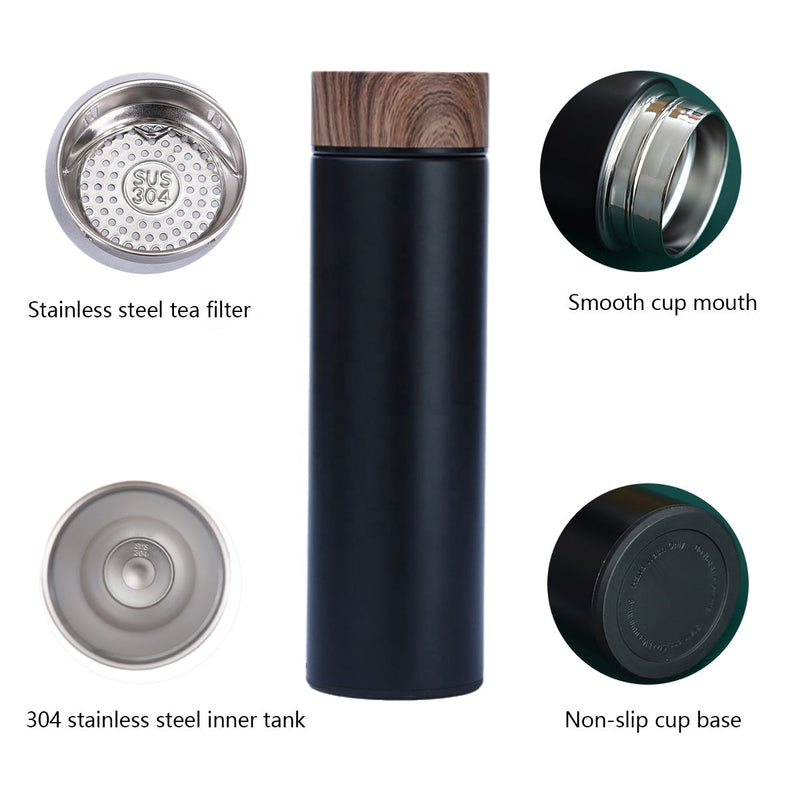 500ml Straight Insulated Vacuum Flask Wood Lid With Tea Infuser detail