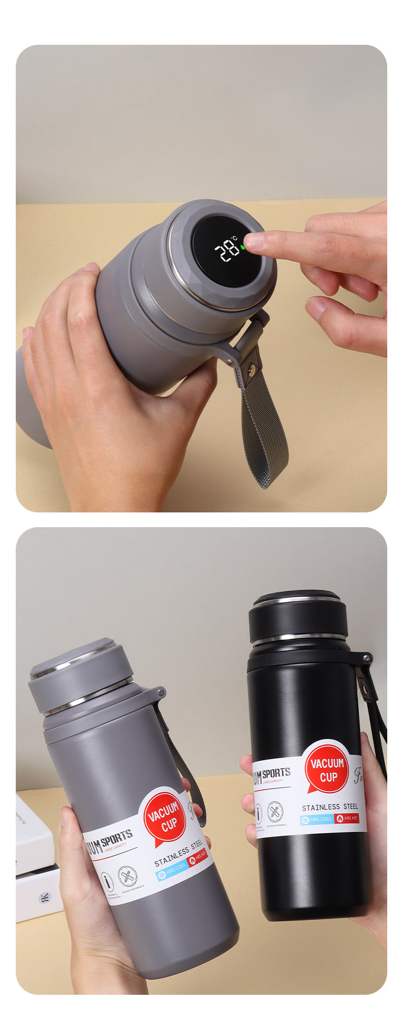 600ml 800ml 1000ml LED Touch Screen Display Stainless Steel Smart Water Bottle With Rope detail