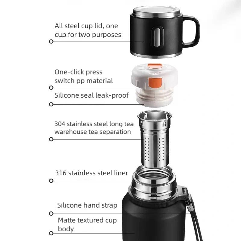 1000ml 1500ml Large Capacity Stainless Steel Thermos Flask Leakproof Camping Hiking Gym detail