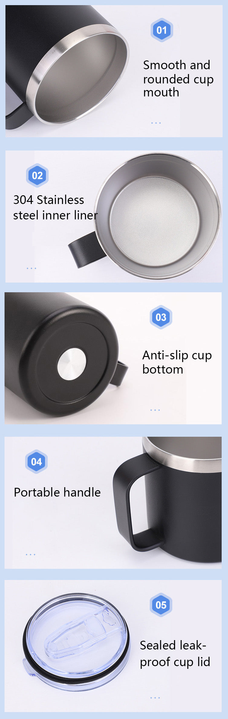 12oz 14oz Insulated Stainless Steel Coffee Mug Leak Proof With Handle And Lid For Camping detail