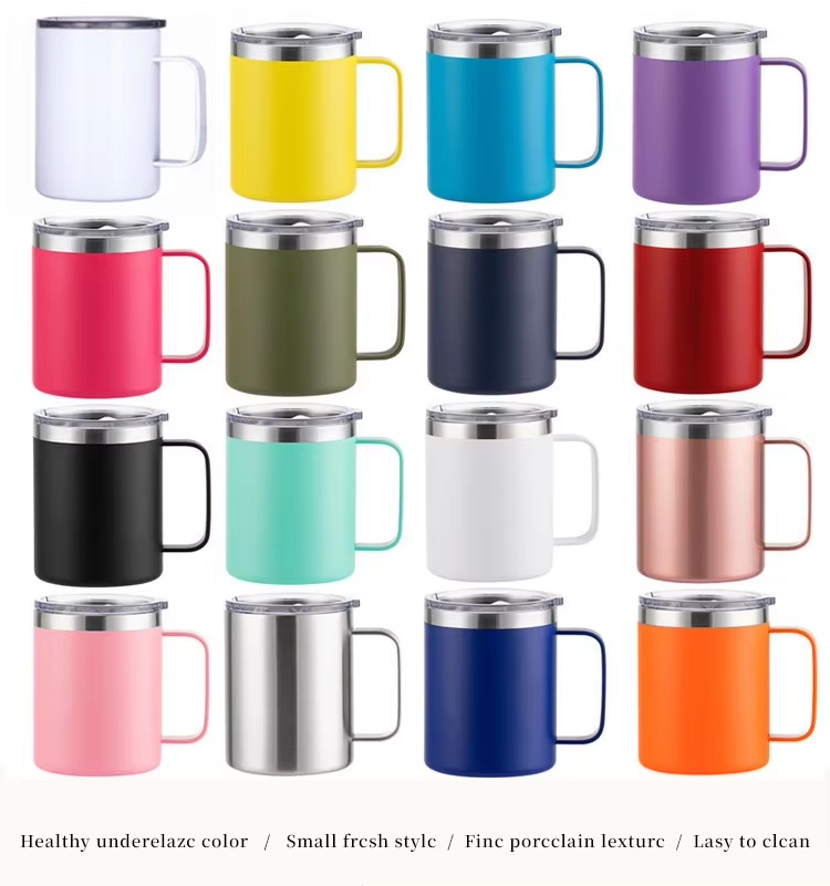 12oz 14oz Insulated Stainless Steel Coffee Mug Leak Proof With Handle And Lid For Camping