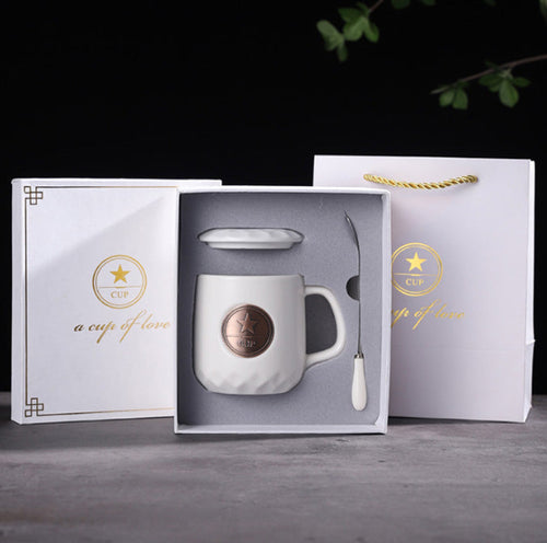400ml Copper Metal Badge Logo Ceramic Coffee Mugs Gift Box Set With Lid Spoon And Handle