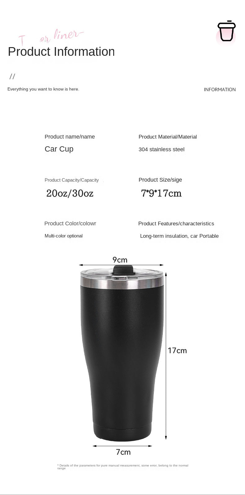 20oz 30oz Powder Coated Double Wall Insulated Travel Tumbler Coffee Cup With Transparent Sealed Plastic Lid detail
