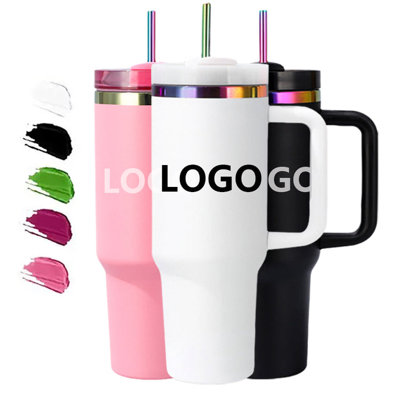 40oz Gold Rainbow Stainless Steel Vacuum Car Ice Cup With Dust-Proof Straw With Hole Comfort Handle detail