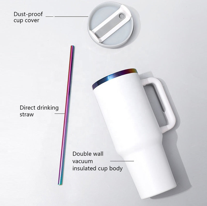 40oz Gold Rainbow Stainless Steel Vacuum Car Ice Cup With Dust-Proof Straw With Hole Comfort Handle detail