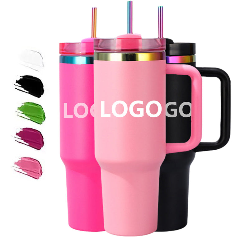 40oz Gold Rainbow Stainless Steel Vacuum Car Ice Cup With Dust-Proof Straw With Hole Comfort Handle