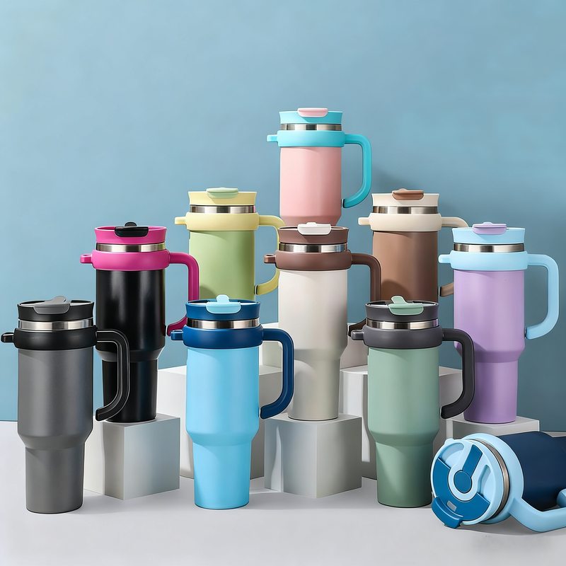 40oz Double Drink Lid Stainless Steel Travel Tumbler Cup Portable Large Capacity With Foldable Straw