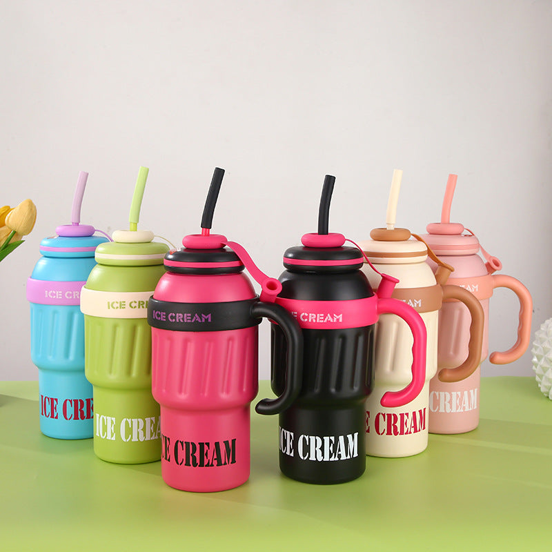 1000ml Paunch Stainless Steel Thermos Bottle Portable Outdoor Sports Bottle With Straw For Students